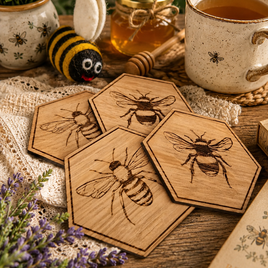 Honey Bee and Bumble Bee Hexagon Wooden Drinks Coaster Set