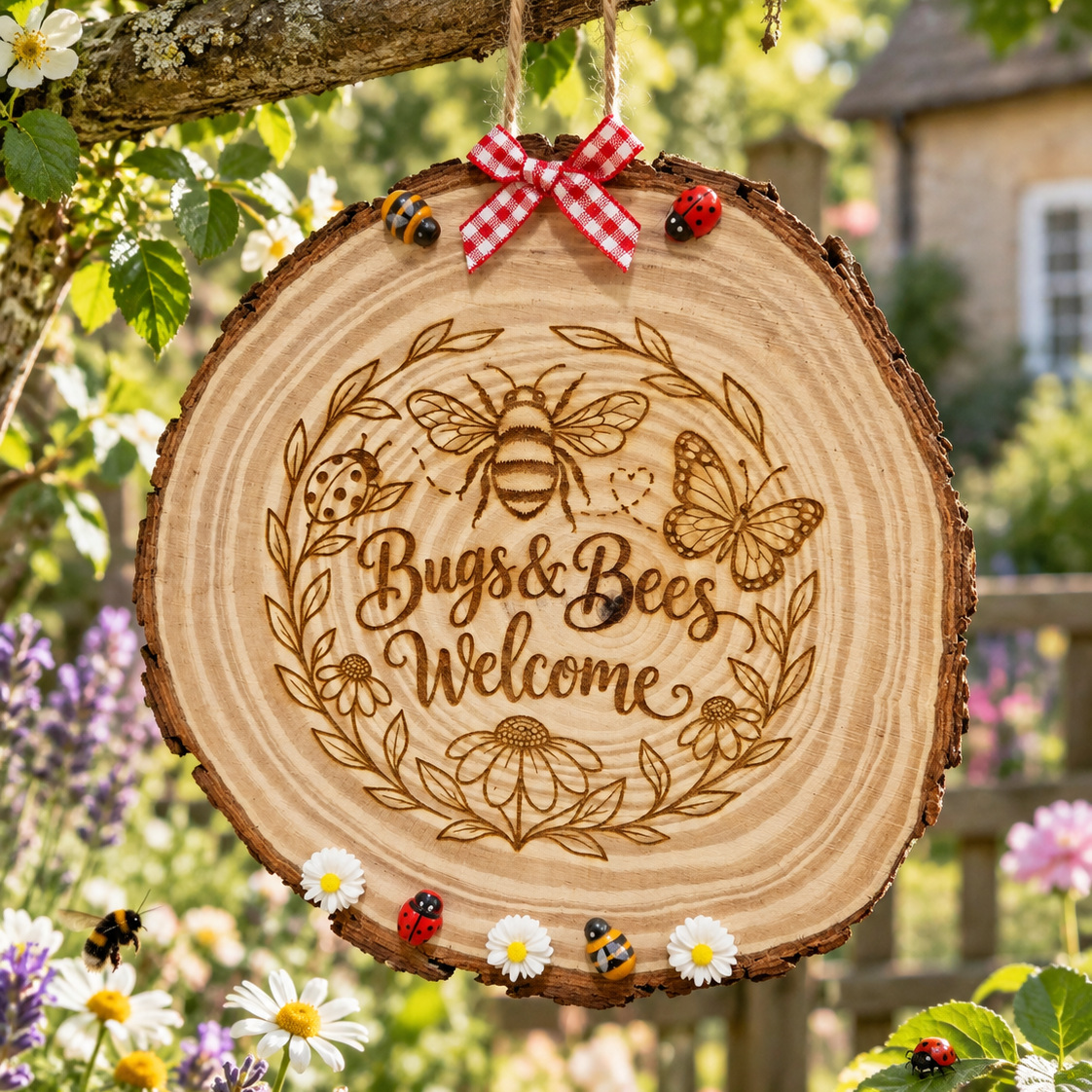 A round wooden slice hanging sign engraved with 'Bugs & Bees Welcome' in the center, decorated with a red and white gingham bow, ladybugs, bees, and a butterfly, set against a blurred garden background.