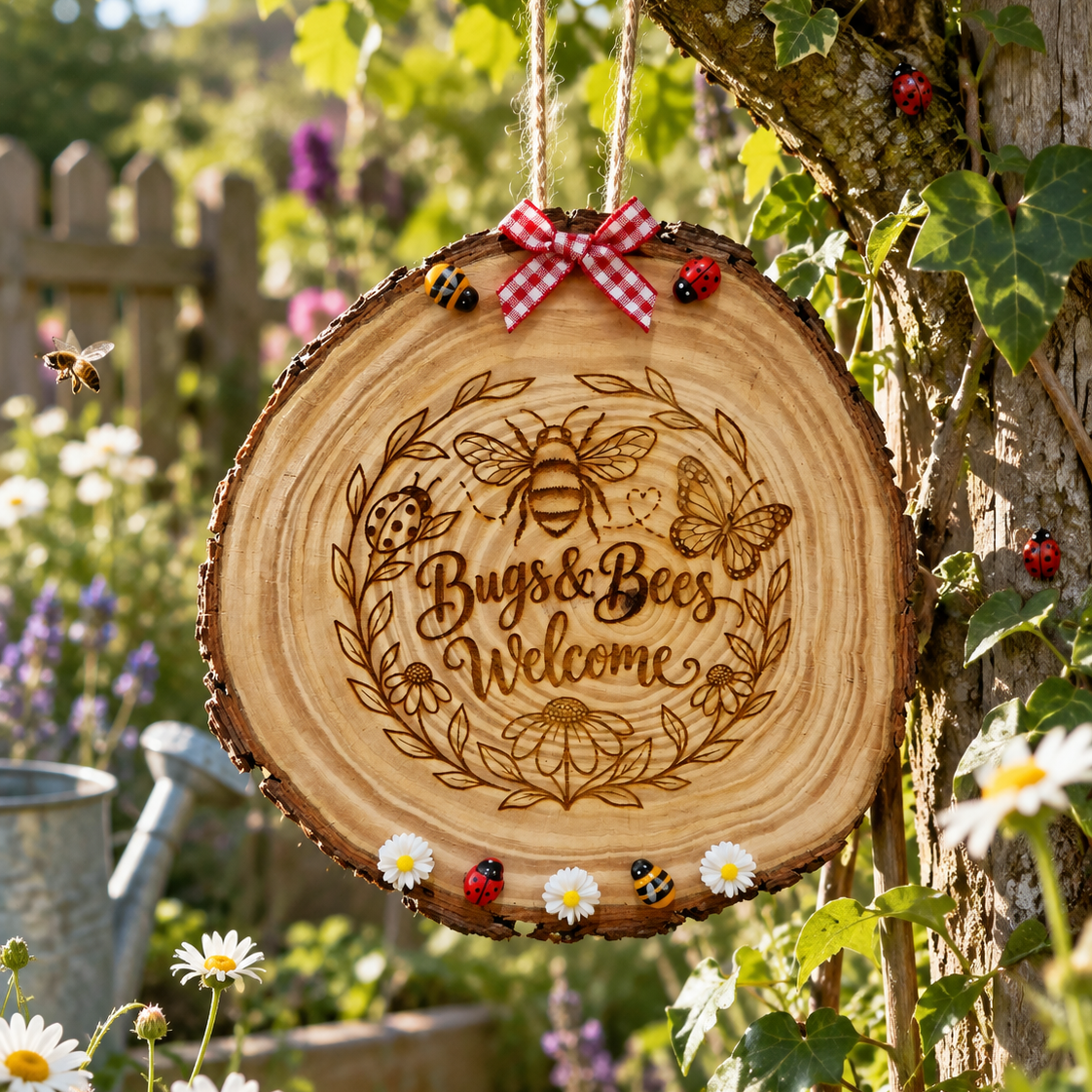 'Bugs & Bees Welcome' - Log Slice Sign