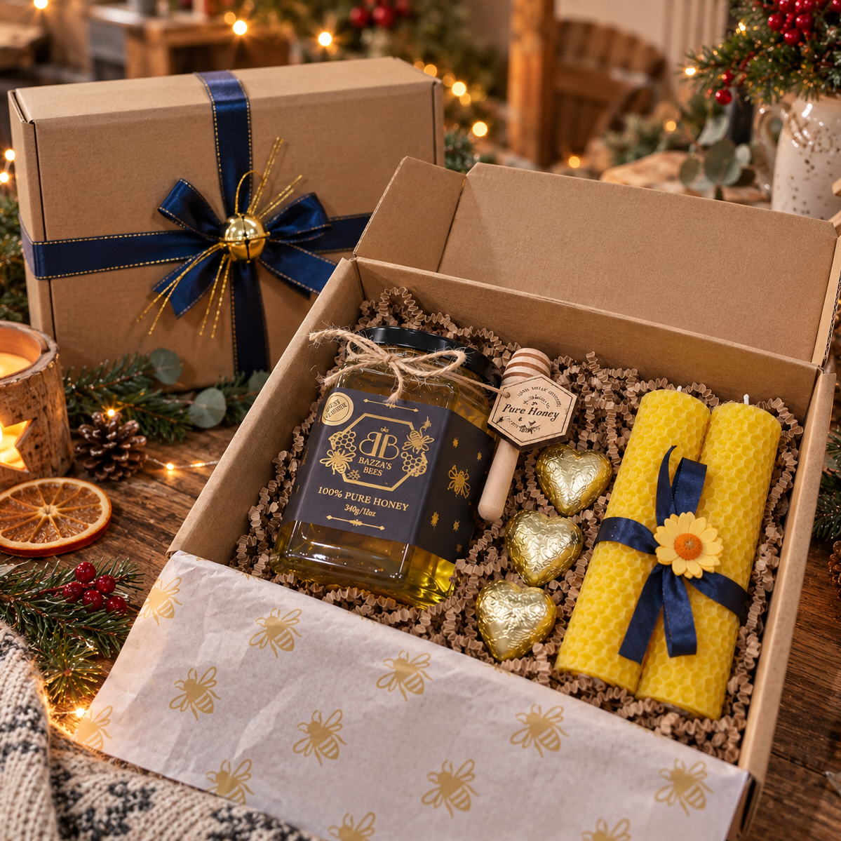 A Christmas-themed gift box set containing a bottle of pure honey, two yellow beeswax candles, gold heart-shaped chocolates, and a wooden honey dipper, presented in an open kraft box with a branded lid in the background.