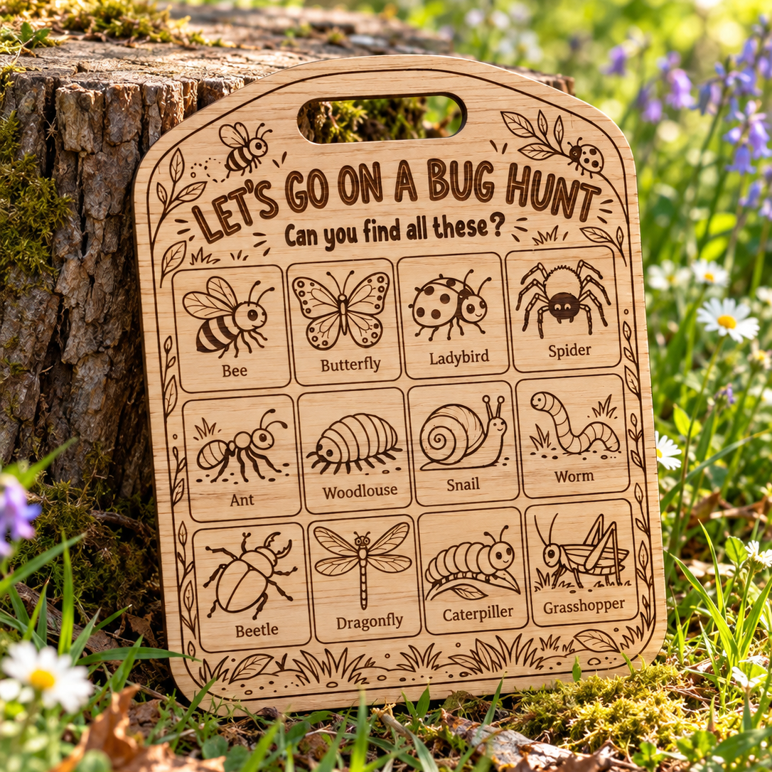 A wooden bug hunt sign with engraved insect illustrations and labels, placed outdoors on a mossy tree stump in a grassy garden with small white and purple flowers.