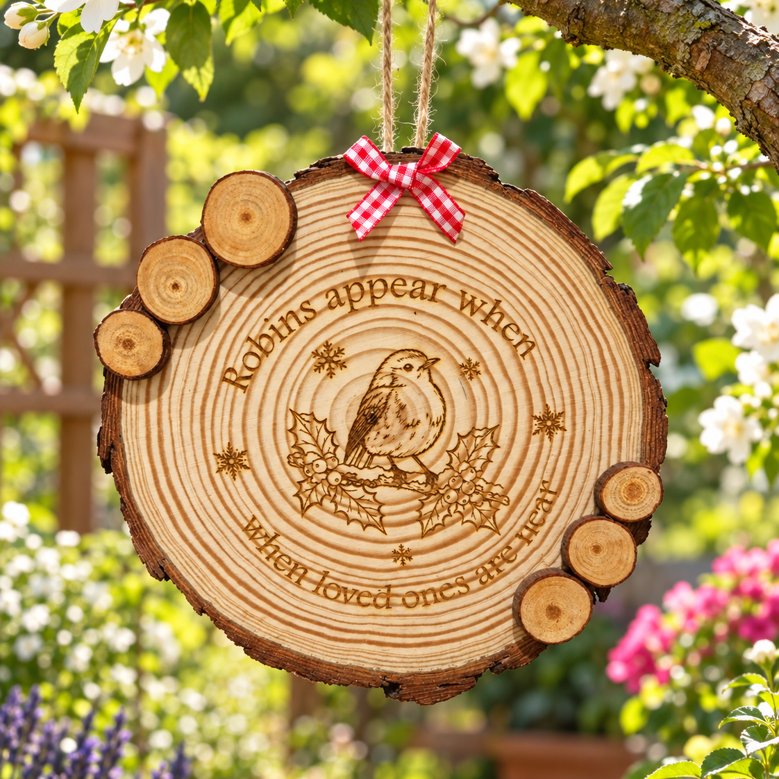 Robins Appear When Loved Ones are Near - engraved Log Slice