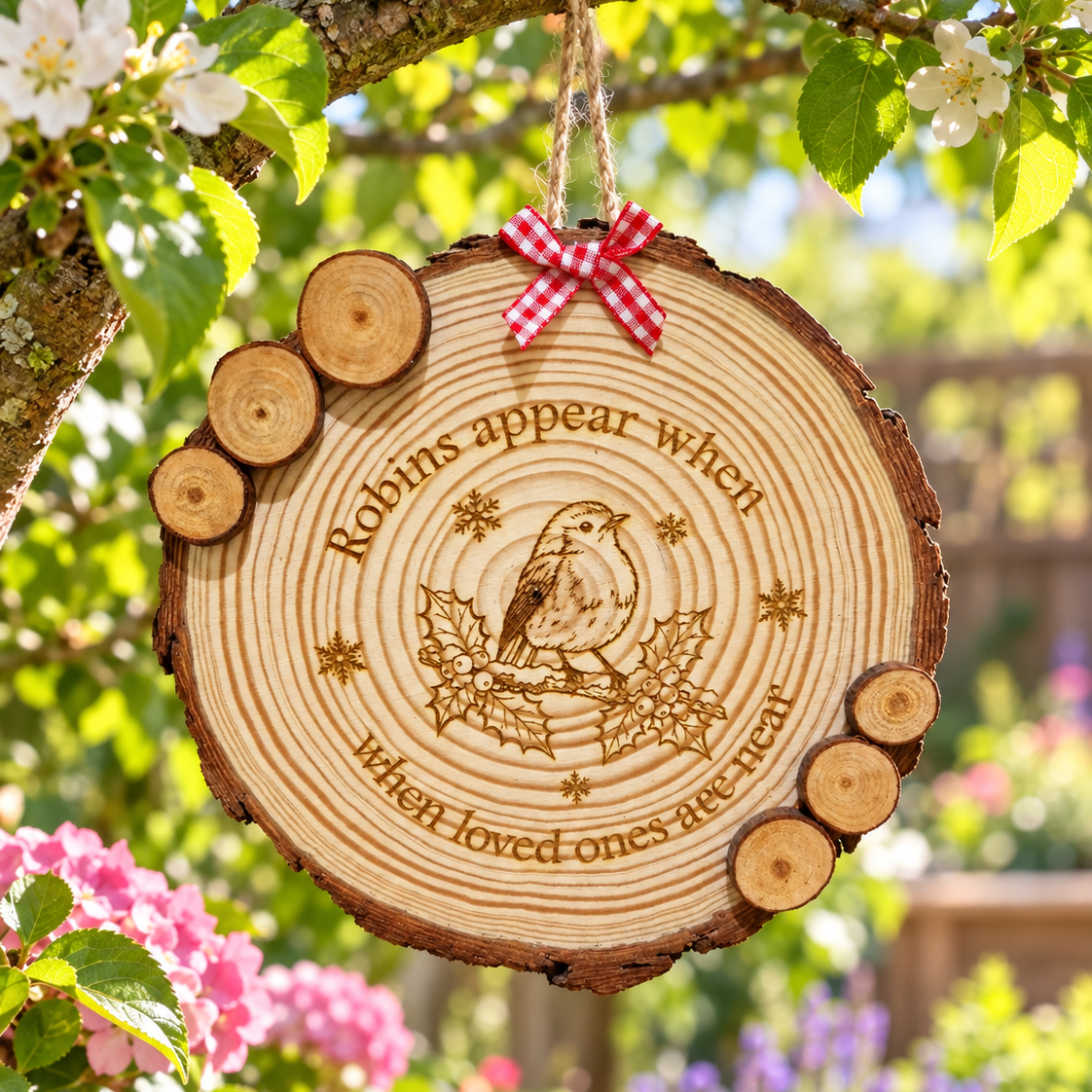 Robins Appear When Loved Ones are Near - engraved Log Slice