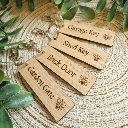 Oak Veneer engraved bee themed key fobs keyrings
