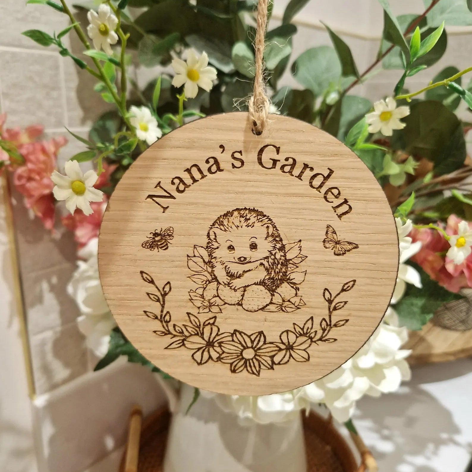 Wooden Nana's Garden Hanging Sign with hedgehog