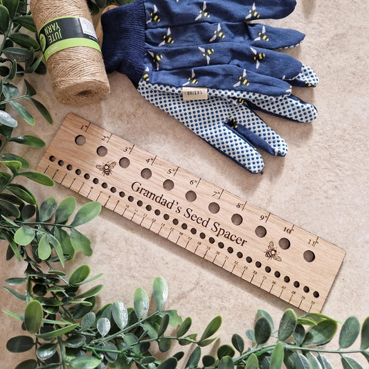 Oak Veneer engraved personalised seed spacer ruler for gardening.